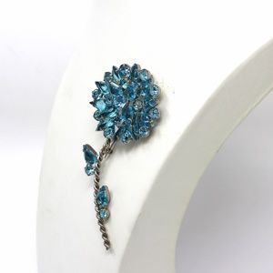 Vintage Large Blue Rhinestone Flower Brooch
